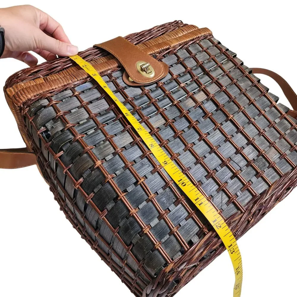 Pier 1 Vintage Wicker Rattan Picnic‎ Basket Service for Two Plaid Lined Utensils